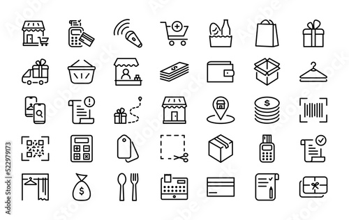 Set of 35 shopping icons in line style. Shopping malls, online shopping, delivery. Vector illustration.