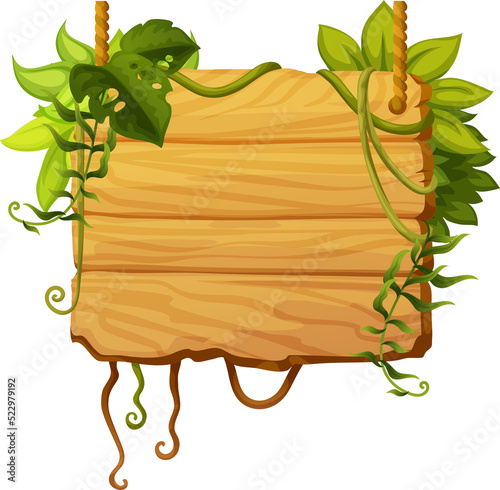 Board on rope with exotic liana branches, leaves