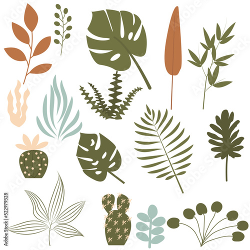 Set of leaves in boho style. Fluid organic shapes, neutral colors. Bohemian exotic leaves. Mid Century Modern foliage design. Vector illustration, EPS 10