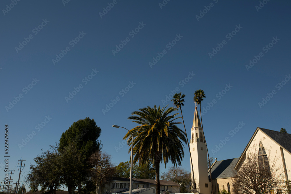 Afternoon view of a historic church in downtown Monrovia, California, USA.