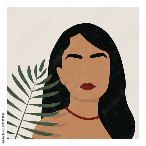 Feminine concept illustration of boho woman. Perfect for posters, wall art, cards. Woman clip art isolated on white background. Contemporary portrait. Stock vector illustration, eps10