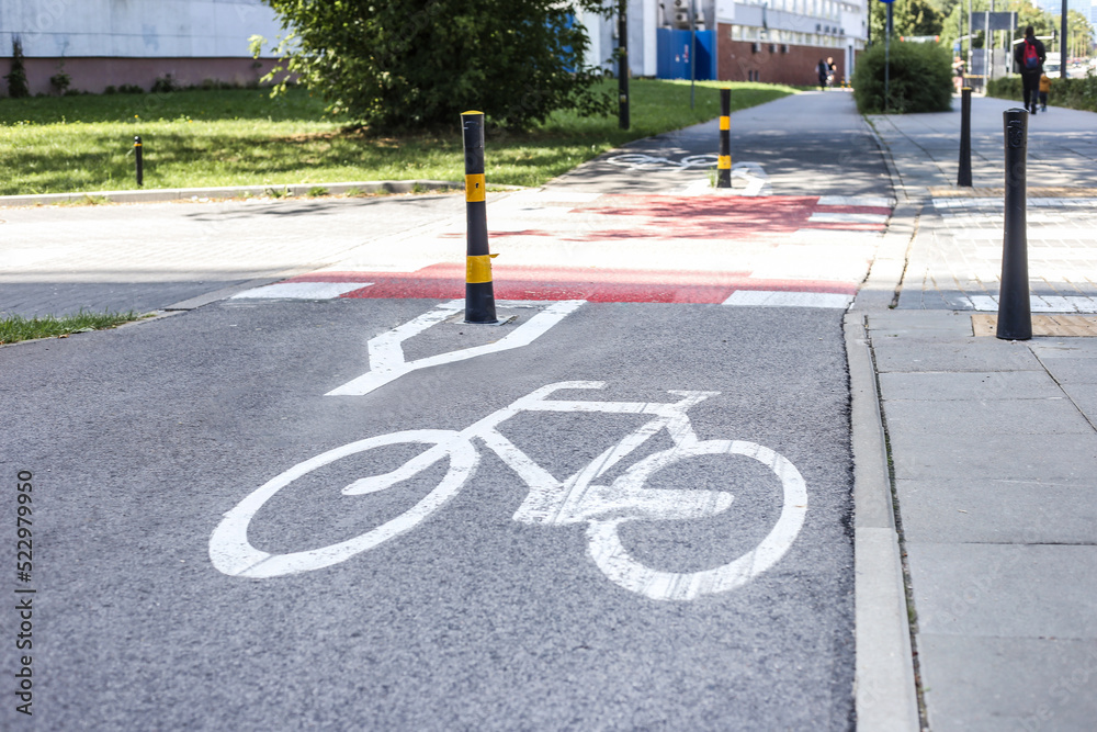 Obraz premium Bicycle symbol on designated track. Empty bike Lane in the city