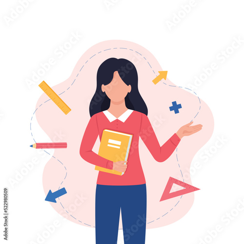 A female teacher with a book shows her hand surrounded by school supplies. The concept of school and training, teacher's Day. Cute vector illustration in a flat cartoon style