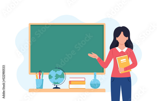 Female teacher in classroom. School and learning concept, teacher's day. Cute vector illustration in flat cartoon style