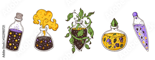 Witch's potion collection. Poison, drug, decoction. Magic bottled drinks. Cartoon style. Hand drawn vector illustration. Witch potion vial set. Happy Halloween