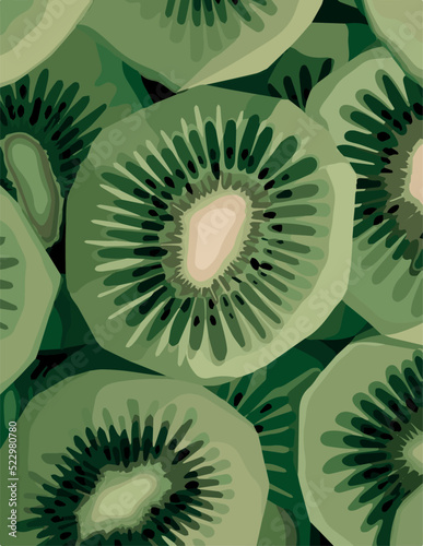 close up of a leaf. food. kiwi pieces. fruit. summer background. green wallpaper. tablecloth. vector illustration. pattern with kiwi. Print. kiwi fruit background. watercolor