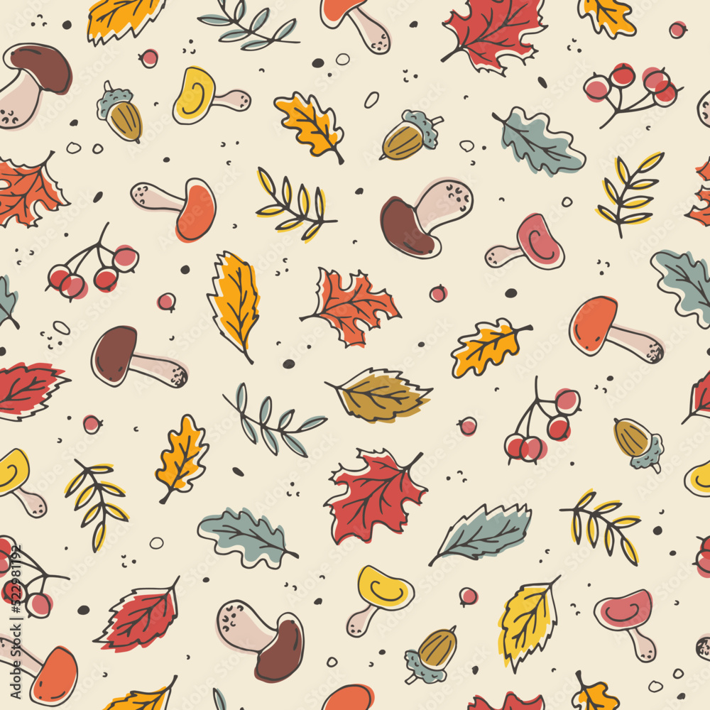 Vector colorful funny autumn natural seamless pattern with autumn leaves, mushrooms, acorns and berries. Cute autumn background