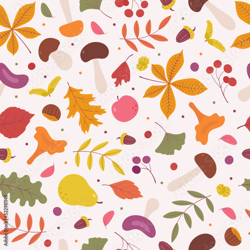 Vector cute colorful autumn natural seamless pattern with autumn leaves, mushrooms, acorns, chestnuts and berries. Funny autumn background