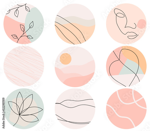 Boho social media highlight covers, posts and stories for social media. Outline. Vector round stories for bloggers. Vector illustration, eps 10