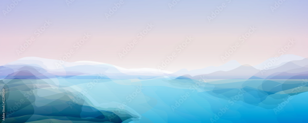 Skaftafell National Park. Mountain Lake. Panorama, mountain view. Picturesque abstract landscape. Minimal vector background, suitable for booklets, web, brochures, flyers.