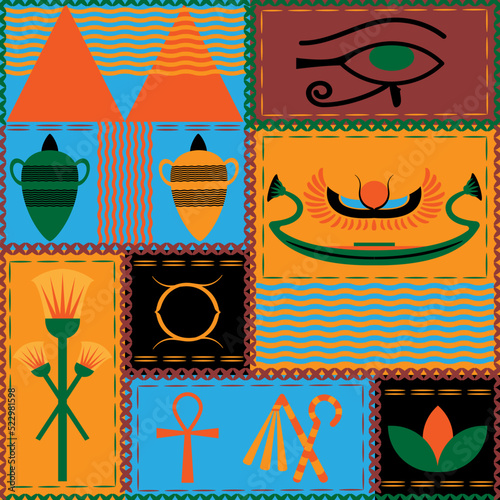 Seamless abstract patchwork pattern inspired by ancient Egypt.
