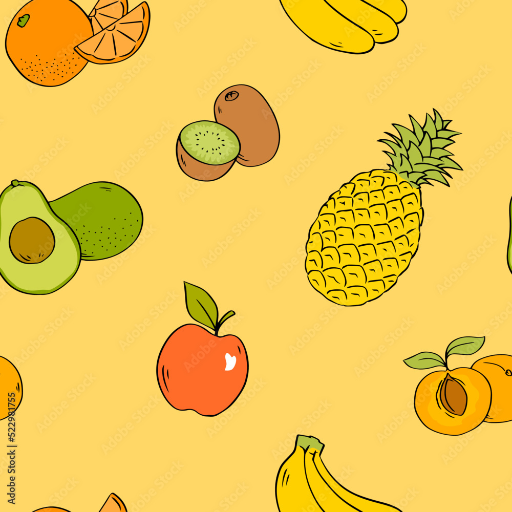 Fruits seamless pattern set. Bananas, kiwi, avocado, orange, avocado, pineapple, apple and apricot. Design texture for fabric textile postcard label packaging. Cartoon vector illustration Fruits seamless pattern set. Bananas, kiwi, avocado, orange, avocado, pineapple, apple and apricot. Design texture for fabric textile postcard label packaging. Cartoon vector illustration