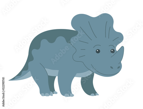 Small triceratops dinosaur with a horn. Herbivore cute ceratops. Dino Jurassic. Ancient prehistoric lizard. Character for children. Cartoon vector illustration isolated on white background