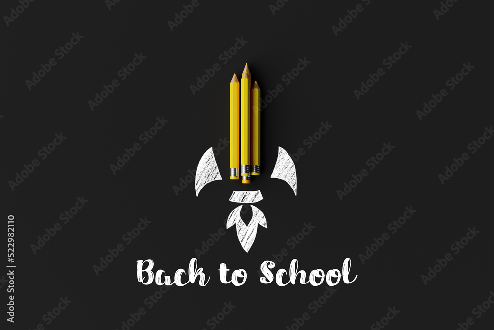 Pencils arranged in the shape of a rocket and outlined with a rocket with the word back to school. Concept for starting school, back to school. 3d rendering, 3d illustration. Pencils arranged in the shape of a rocket and outlined with a rocket with the word back to school. Concept for starting school, back to school. 3d rendering, 3d illustration.