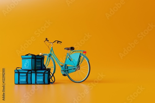 Fototapeta Naklejka Na Ścianę i Meble -  Blue bicycle with a bag with food on a orange background. Concept of food delivery by bicycle, food courier. 3d rendering, 3d illustration.