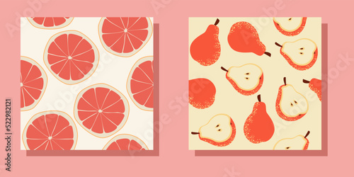 Set of seamless fruit pattern. Pears and oranges. Pattern in contemporary style.Fabric, wrapping paper, wallpaper design. Trendy fruits. Stock vector illustration, eps 10.
