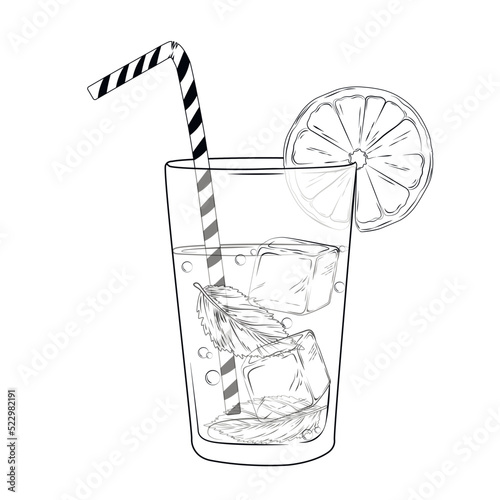 Mojito vector stock illustration. Fresh alcoholic cocktail. Soda, lime, ice cubes, mint leaves in a glass glass. Isolated on a white background.