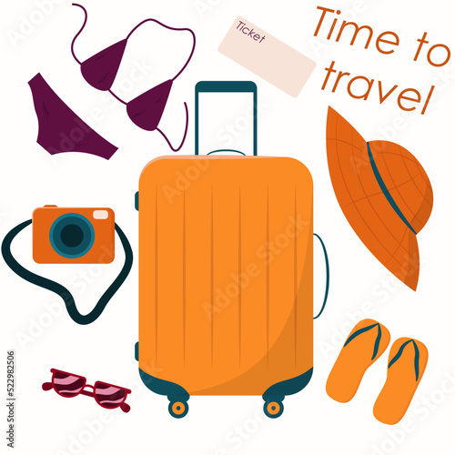 Set of travel stuff vector illustration. Collection of items for vacation. Clothes, accessories, shoes and suitcase for tourism. Vector illustration, eps 10