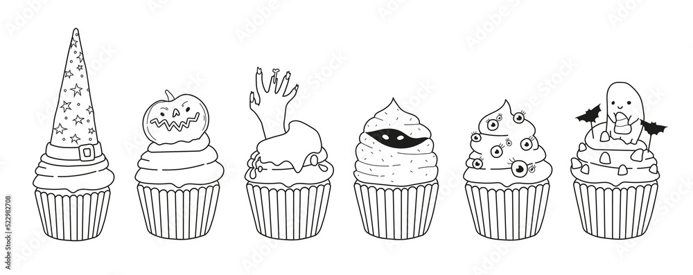 Halloween coloring page for kids. Halloween cupcakes. Witch, pumpkin ...
