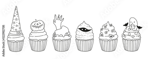 Halloween coloring page for kids. Halloween cupcakes. Witch, pumpkin, bat, zombie, mummy, Trick or treat coloring page. Vector illustration