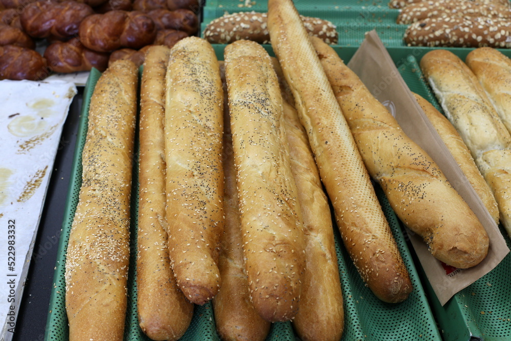 Bread and bakery products are sold in a store in Israel.