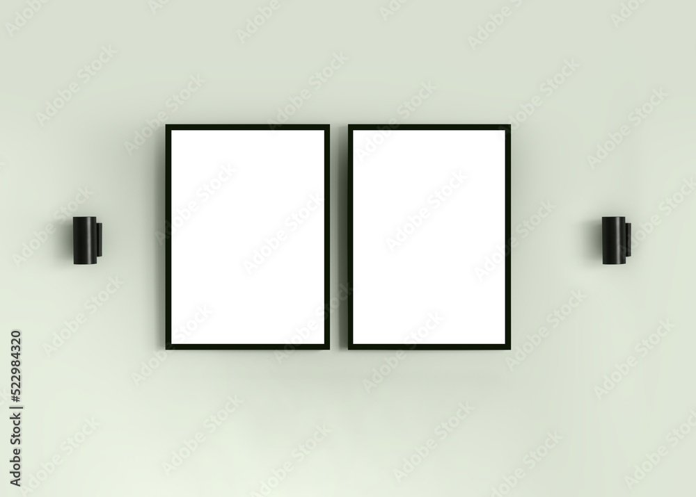 Two frames with blank white isolated posters on the mint green wall. Minimalistic cozy interior mockup. Picture template for branding, text, logo, design. Modern style room with copyspace Two frames with blank white isolated posters on the mint green wall. Minimalistic cozy interior mockup. Picture template for branding, text, logo, design. Modern style room with copyspace