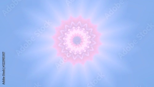 video con formas de flores , reflejos y angulos que se abren en forma de mandala girando y cambiando formas y figuras formadas con calidoscopio con movimiento en blanco y azul photo