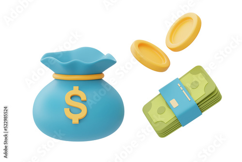 Money bag with golden coins and banknotes, money saving concept, Business Finance and Investment, 3d rendering.