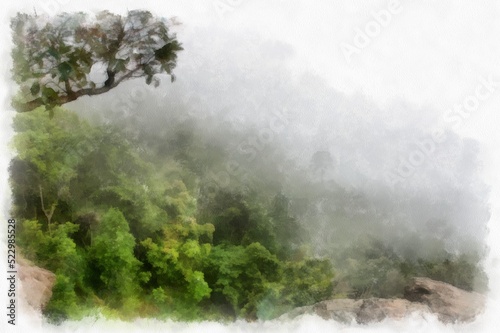 landscape of mountains forests trees and fog watercolor style illustration impressionist painting.