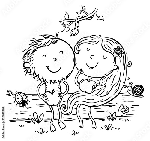 Line drawing of Adam and Eve with apples in paradise. Bible story scene: first man and woman in garden eden