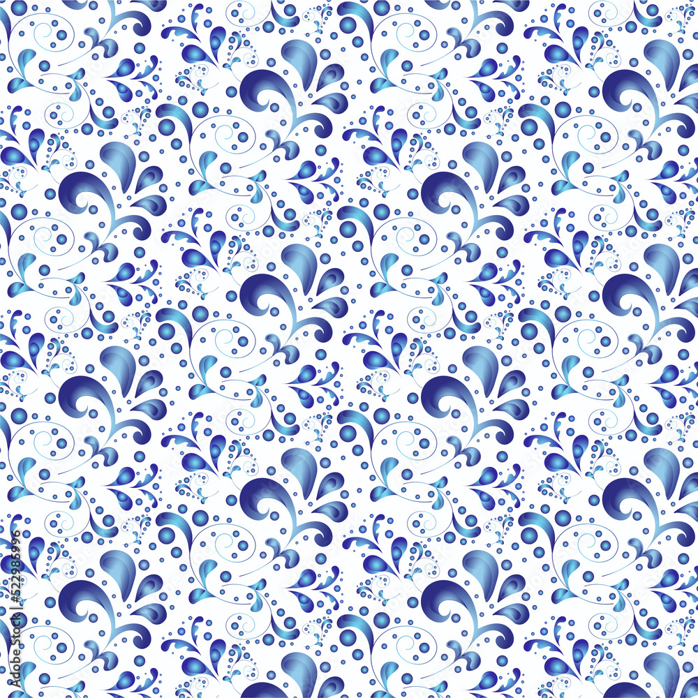 Seamless lace pattern of abstract blue flowers and curls on a white background. Elegant Russian ethnic ornament in vintage style. Romantic design for background and textiles Seamless lace pattern of abstract blue flowers and curls on a white background. Elegant Russian ethnic ornament in vintage style. Romantic design for background and textiles