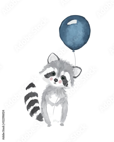 child. baby. little raccoon is holding a blue balloon. vector illustration. art, watercolor
