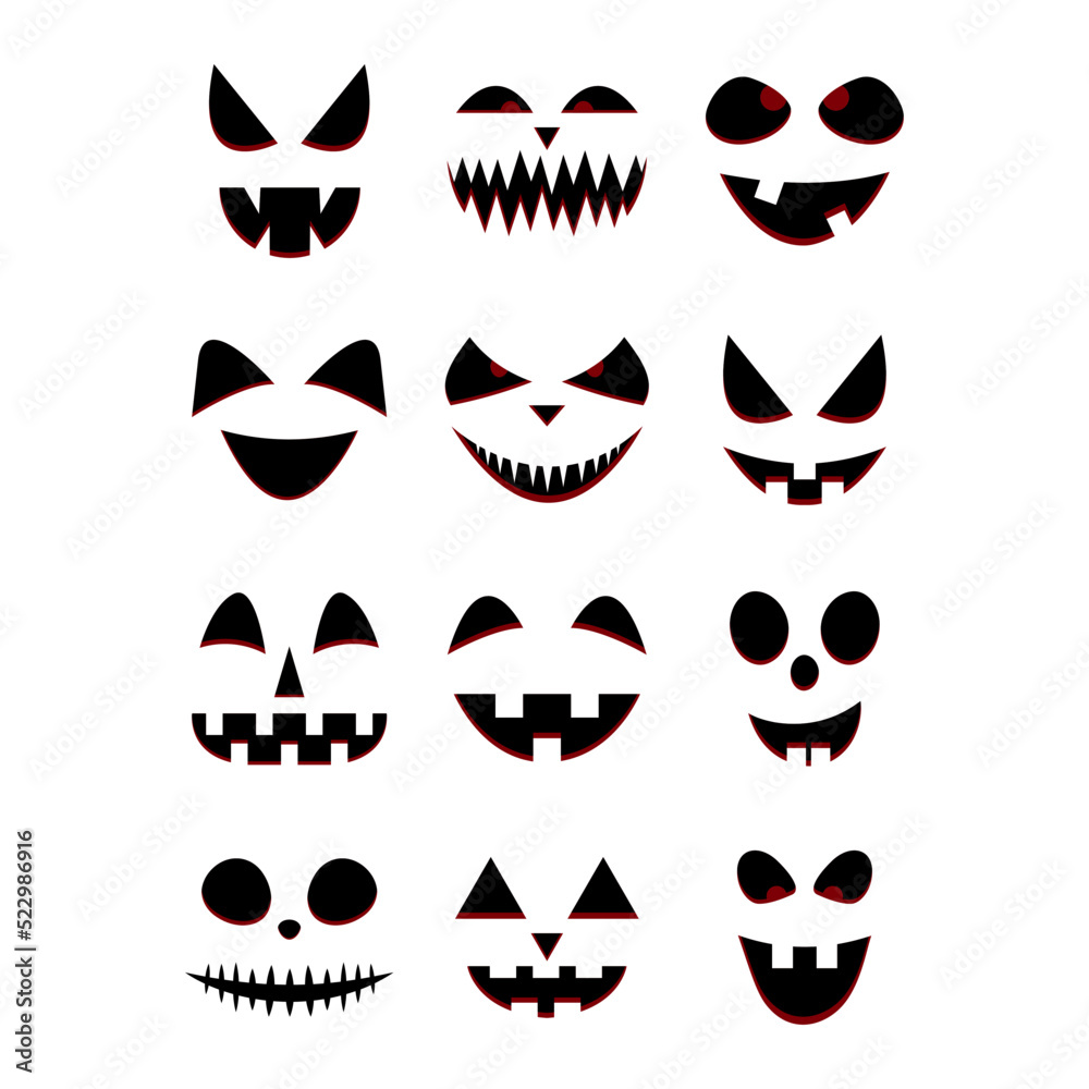 Vecteur Stock Halloween pumpkins faces set. Black silhouette pumpkin