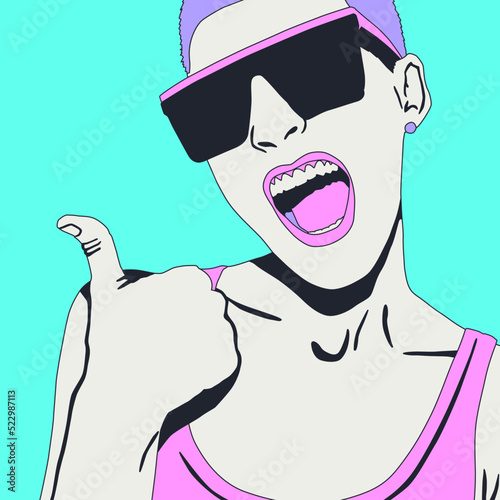 Fashion minimal illustration. Emotional stylish girl. Like, thumbs up, social network concept