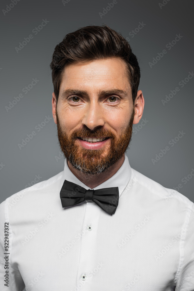 portrait of bearded man in white shirt with bow tie smiling isolated on grey. portrait of bearded man in white shirt with bow tie smiling isolated on grey.