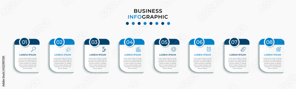 Obraz premium Vector Infographic design business template with icons and 8 options or steps. Can be used for process diagram, presentations, workflow layout, banner, flow chart, info graph