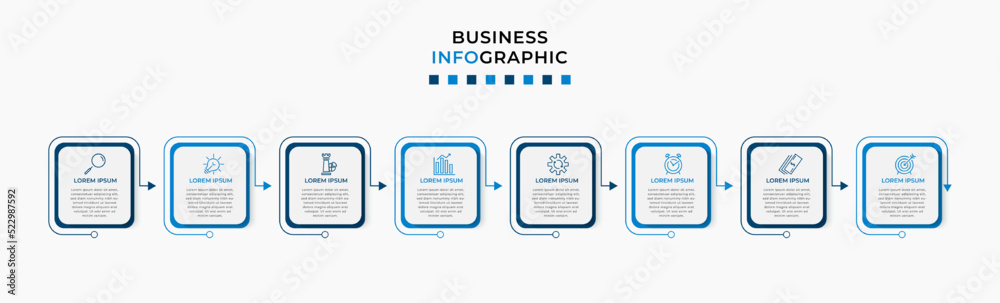 Fototapeta premium Vector Infographic design business template with icons and 8 options or steps. Can be used for process diagram, presentations, workflow layout, banner, flow chart, info graph
