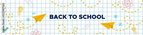 Back to school background. Horizontal banner. Squared paper with paper planes and science symbols. Concept of education. Vector illustration, flat design