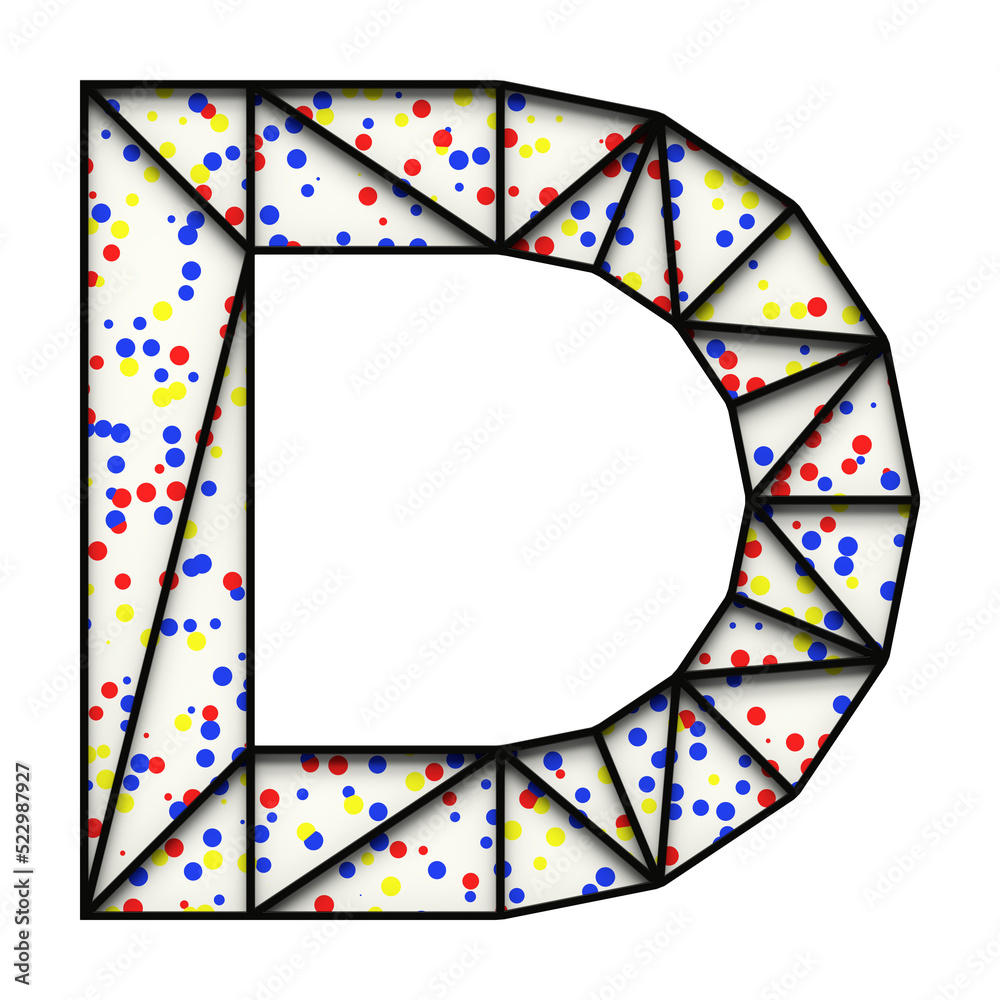 Obraz premium Letter D made of black metal frame with colored dots, isolated on white, 3d rendering