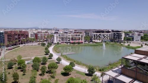 Aerial shot of apartment buildings around a pond in Montpellier, France. photo