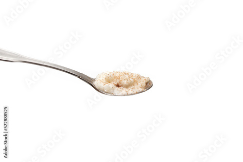 A spoonful of delicious rice pudding with cinnamon, isolated on white background. Rice pudding is a typical dessert in the gastronomy of many countries, made by slowly cooking rice pudding and sugar.