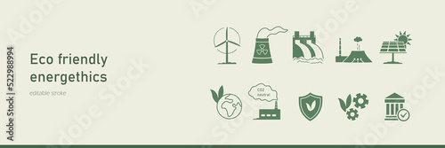 sustainable and renewable energy icons. infographic of wind, solar sun, hydroelectric water, nuclear, geothermal power. simple minimal eco friendly energetic vector symbol logo set.