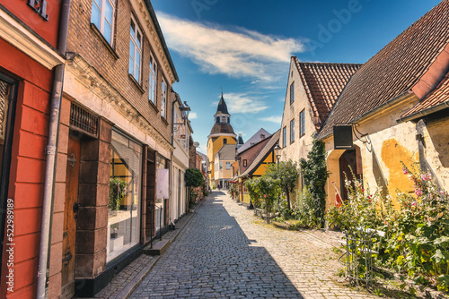 Bell Tower and the old narrow streets in faaborg city, Denmark