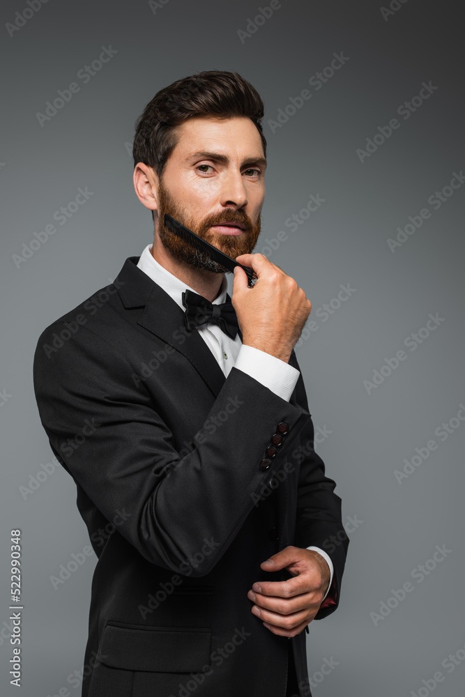 Naklejka premium man in elegant suit brushing beard with comb isolated on grey.