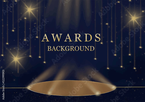 Royal golden blue abstract award background. Sparkle glowing effect design concept. Show night decorative invitation. Trendy, luxury shining visual vector background. Backdrop for nomination with star