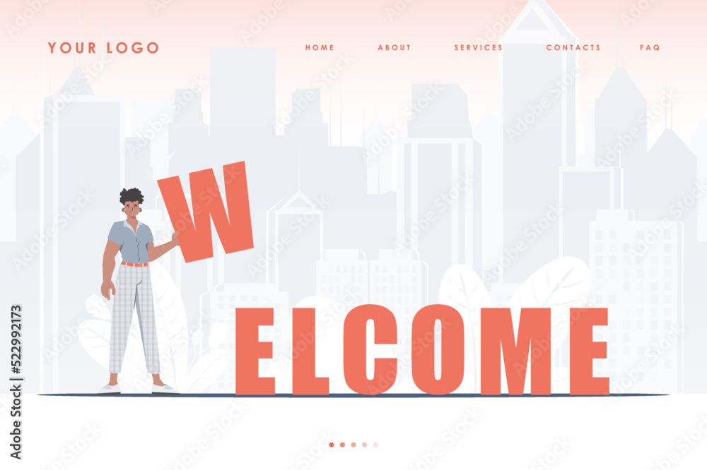Welcome landing page. A man stands and holds the letter W in his hands. The home page of the site. Cartoon style character. Vector illustration. Welcome landing page. A man stands and holds the letter W in his hands. The home page of the site. Cartoon style character. Vector illustration.