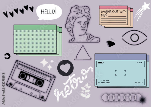 Neon old computer aestethic vector illustrations. Retro pc elements, user interface design, psychedelic greek sculpture, tape,  windows, icons in trendy y2k retro style.1990s - 2000s vibes