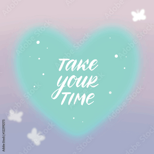 Bright beautiful gradient postcard with hearts, quotes, butterflies, flowers, waves in 70-90s style. Groovy trendy gradients, typography, y2k. Post templates 