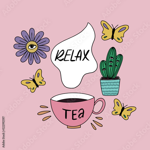 Cozy groovy illustration in 70-s style. Y2k vector design with cup of tea, cactus, flowers and butterflies. Psychedelic print with eyes and self support, self love vibes