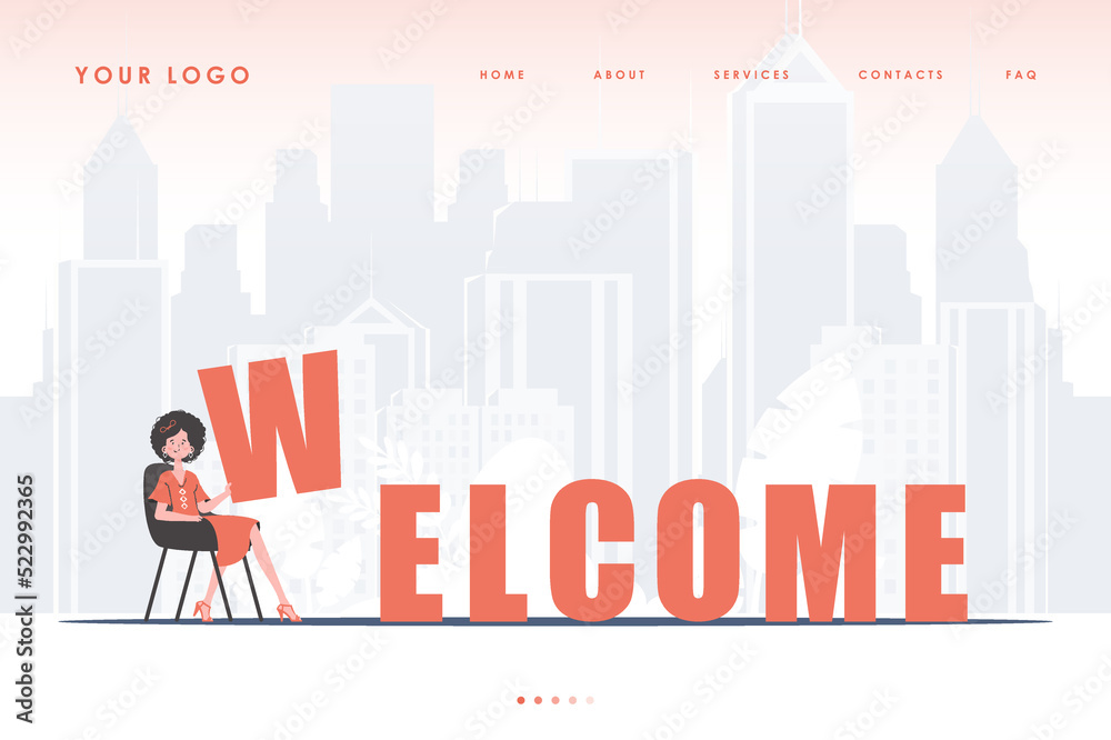 Welcome landing page. The girl sits and holds the letter W in her hands. The initial page for the site. Trend style character. Vector illustration.